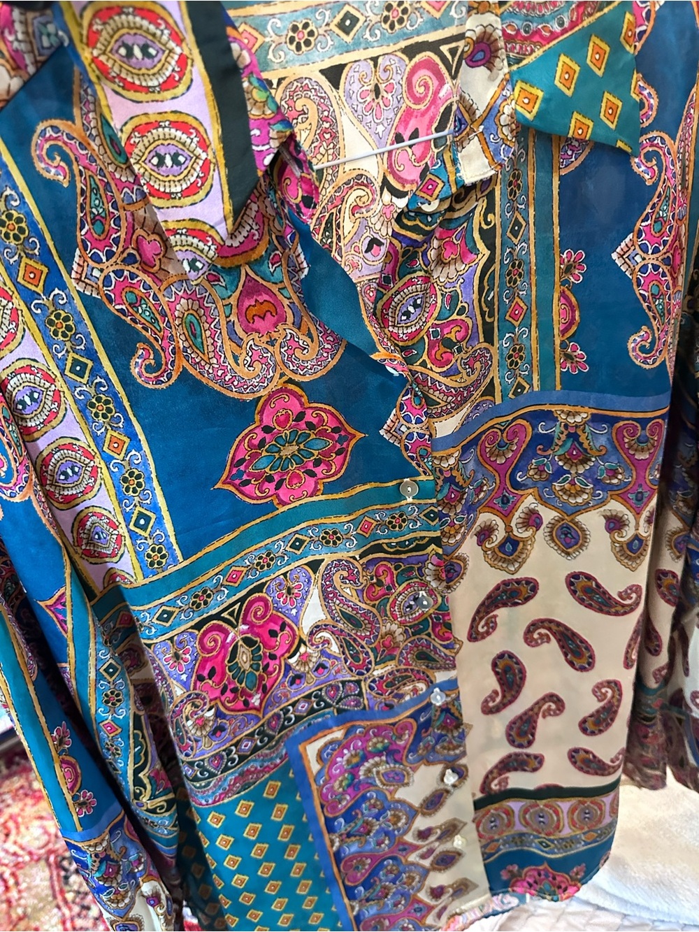 Zara Multicolor Paisley Blouse in Teal, Pink & Cream